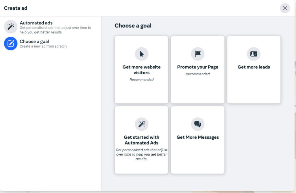Create add & Choose Goal in Facebook Business Suite