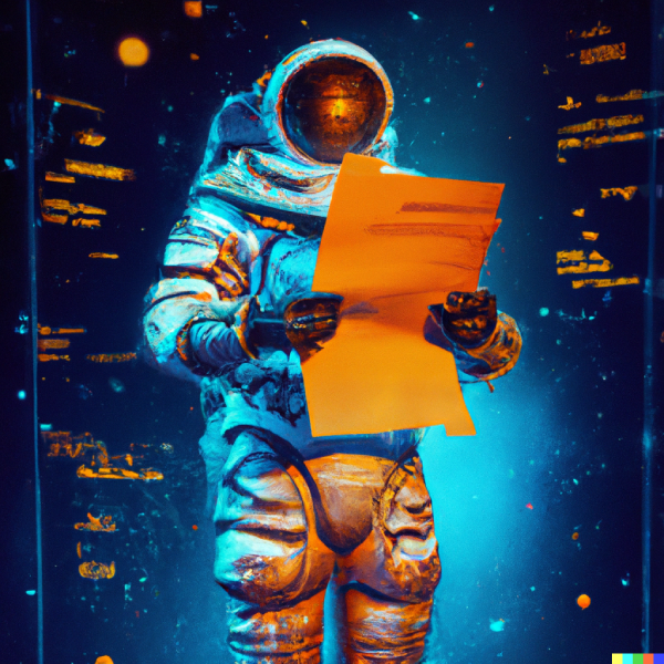 DALL·E 2023 01 23 16.06.42 sci fi cyberpunk style image by Dmitry Vishnevsky of an astronaut standing on the moon and holding a document with cryptic data on it with a dark n 1