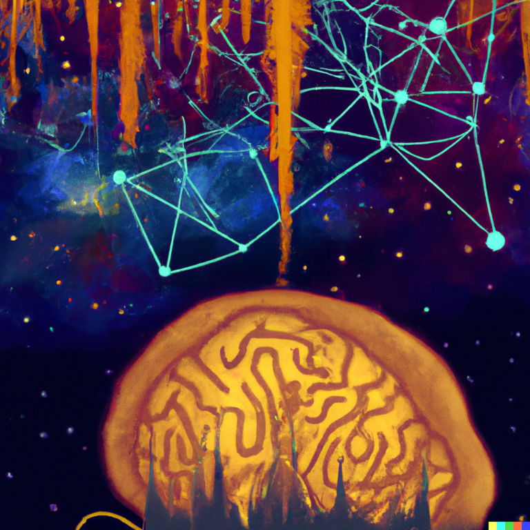 DALL·E 2023 08 29 12.24.29 futuristic image with brain food with a nightsky with stars in the back by Jose Julian Londono Calle with the dominating colors Orange bright F5821