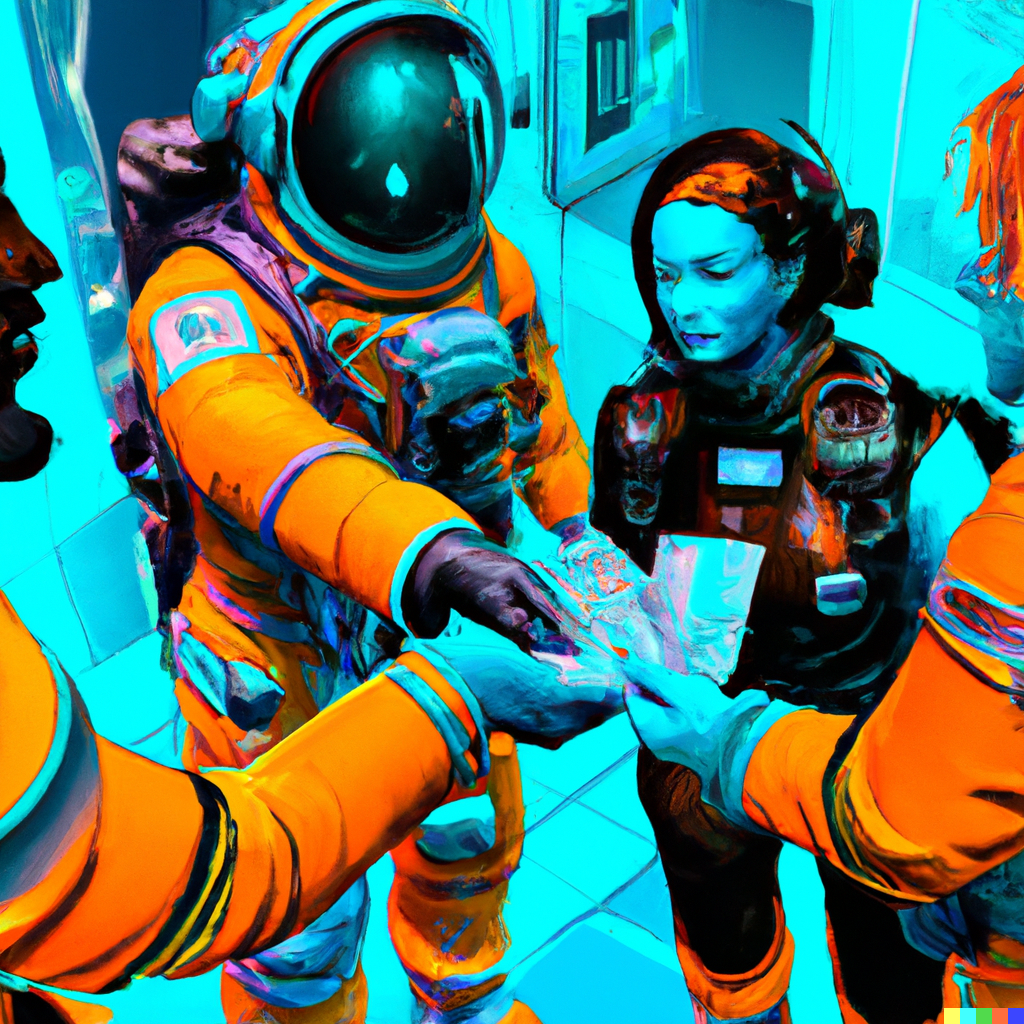 DALL·E 2023 05 31 13.00.07 futuristic group of astronauts exchanging money with eachother in a cyberpunk style digital art by Mateusz Ozminski dominating colours Orange brig