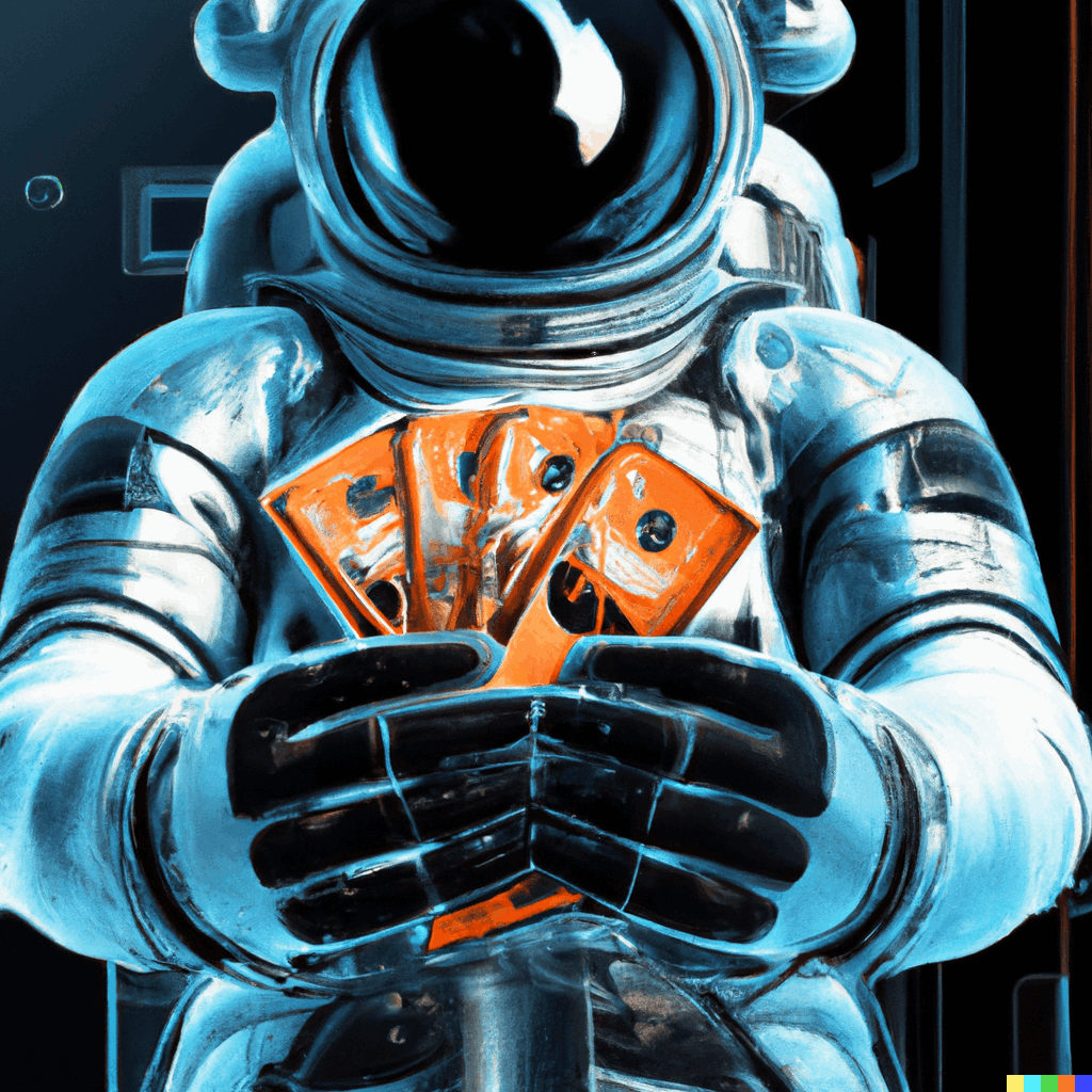 DALL·E 2023 05 31 13.01.11 futuristic astronaut holding money in his hands in a cyberpunk style digital art by Mateusz Ozminski dominating colours Orange bright F5821F O 1