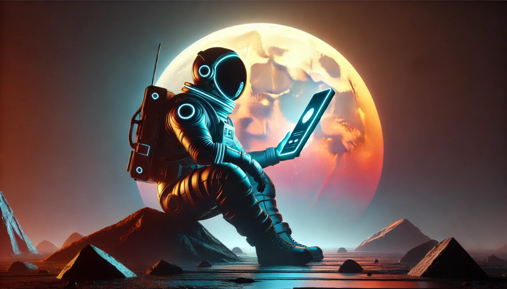 Social Media Ads optimieren: Anforderungen der Anzeigenformate bei Meta, TikTok & LinkedIn 1 Ein Astronaut sieht sich im Weltall auf Social Media eine Werbeanzeige an.